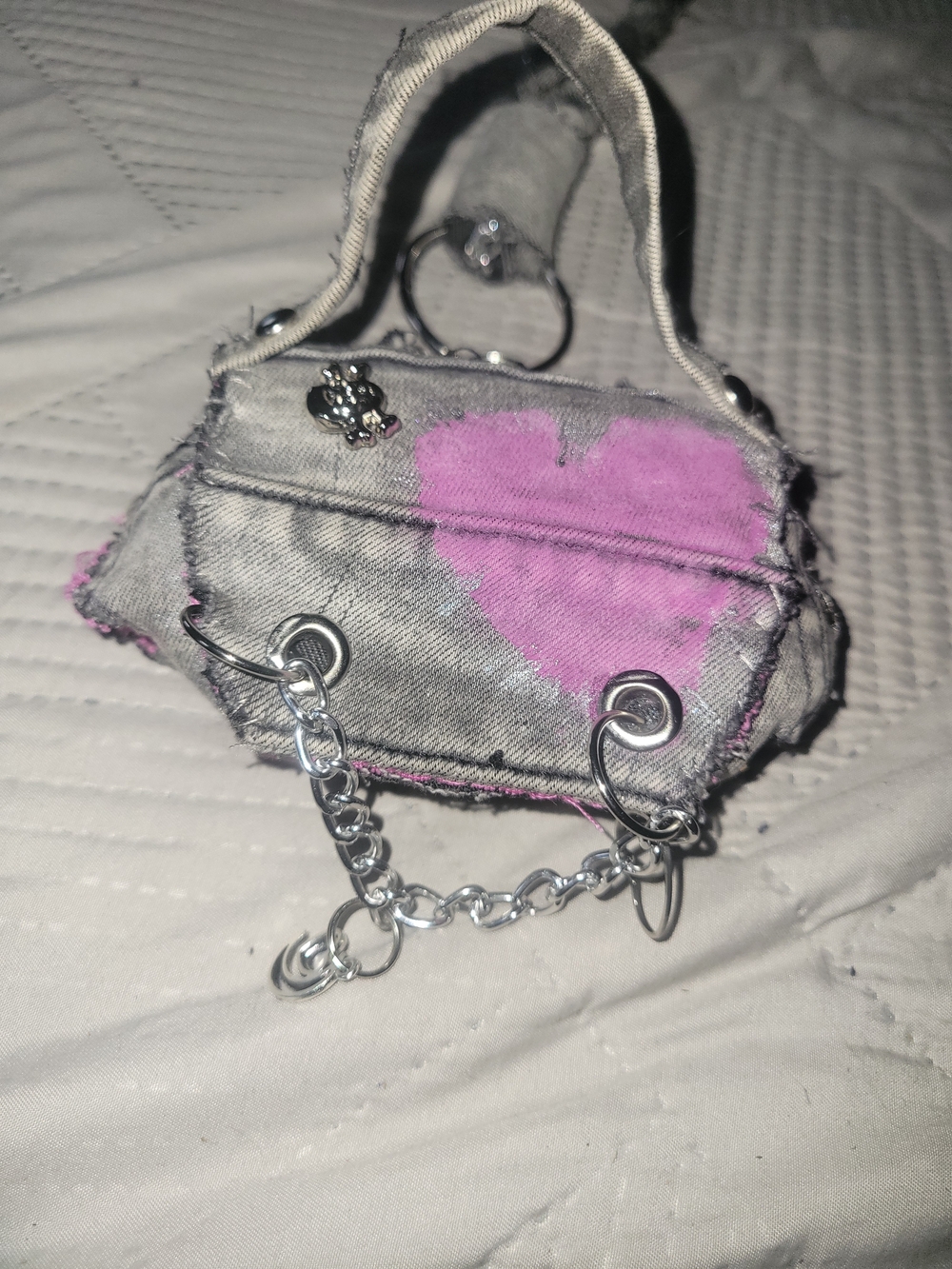 Gray Mini Denim Bag with Pink Heart Accent
